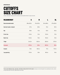 Iron Threads cutoffs size chart. Unisex, S to XL, measured flat in inches.