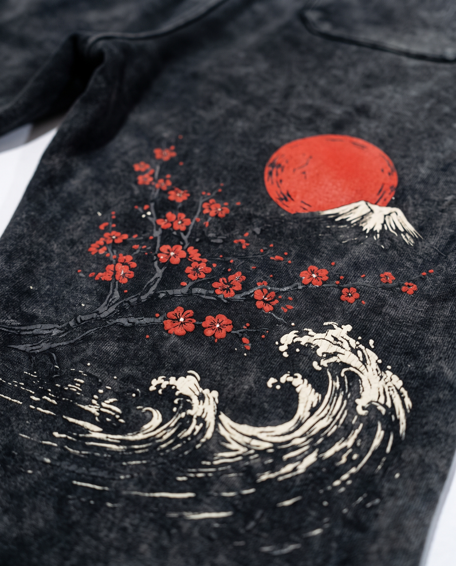 Close up of the rising sun, cherry blossom and wave print