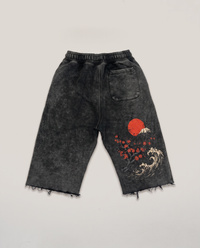 Iron Threads Iron Will cutoff shorts, back, rising sun and wave print