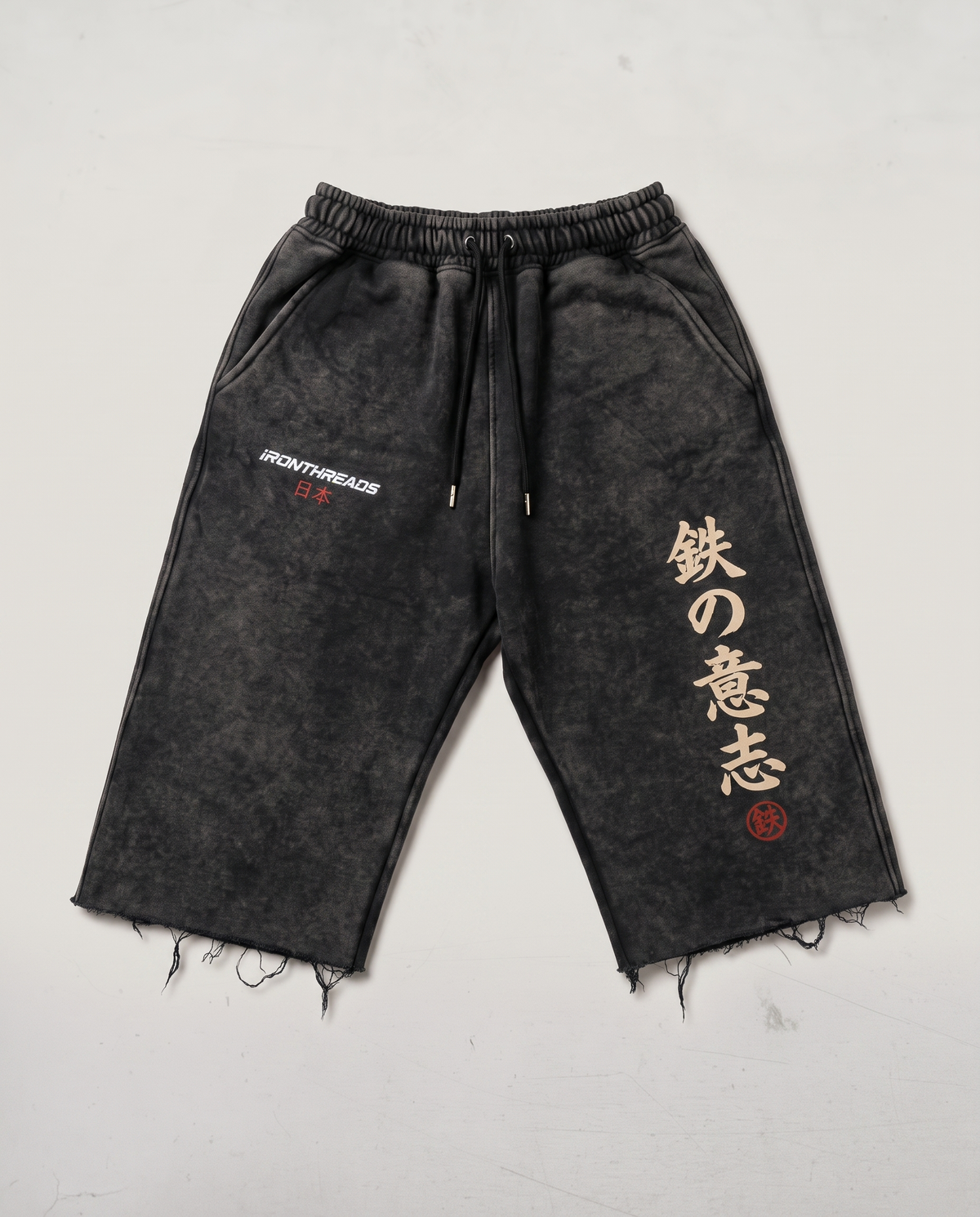Iron Threads Iron Will cutoff shorts, front, black mineral wash with gold kanji