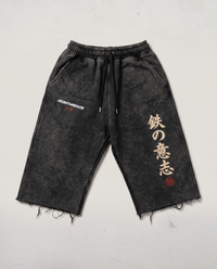 Iron Threads Iron Will cutoff shorts, front, black mineral wash with gold kanji