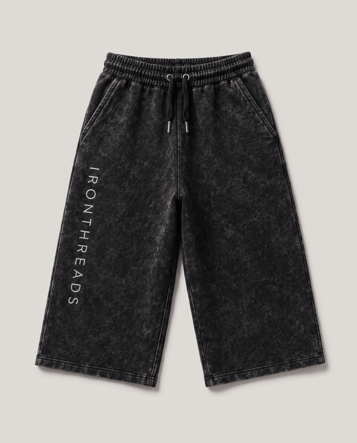 Iron Threads Cherry Blossom cutoff shorts, front, black mineral wash with black drawcord