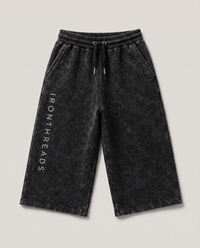 Iron Threads Cherry Blossom cutoff shorts, front, black mineral wash with black drawcord