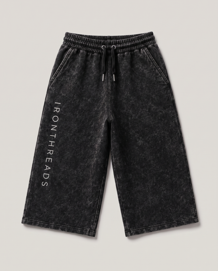 Iron Threads Cherry Blossom cutoff shorts, front, black mineral wash with black drawcord