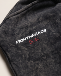 Close up of the IRONTHREADS wordmark and red Japanese characters on the fleece