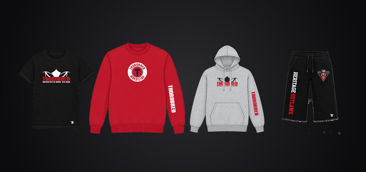 Custom Thorobred and Heritage Outlaws team pieces: tee, crewneck, hoodie and cutoffs