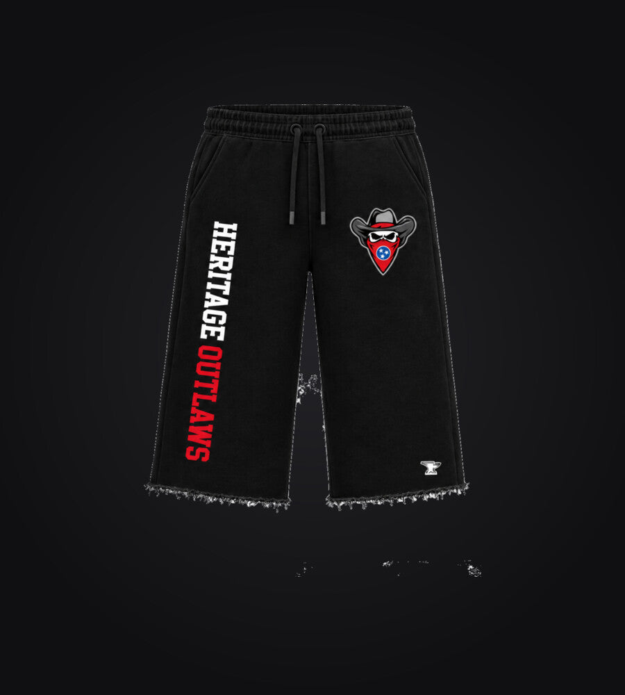 Heritage Outlaws black cutoffs with mascot and leg wordmark