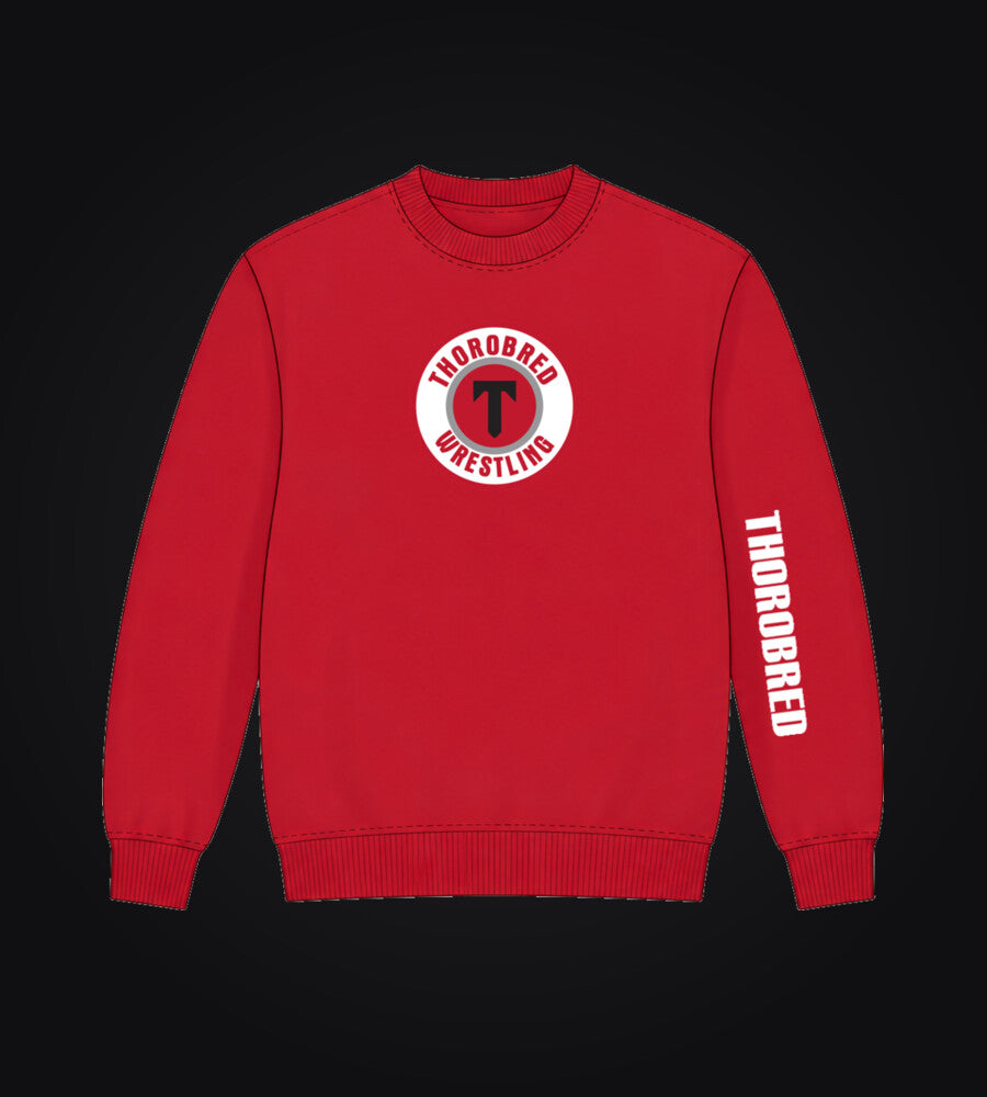 Thorobred Wrestling Club red crewneck with circle crest