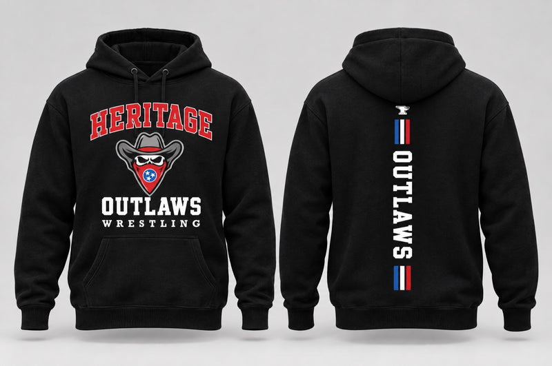 Heritage Outlaws black hoodie, front and back